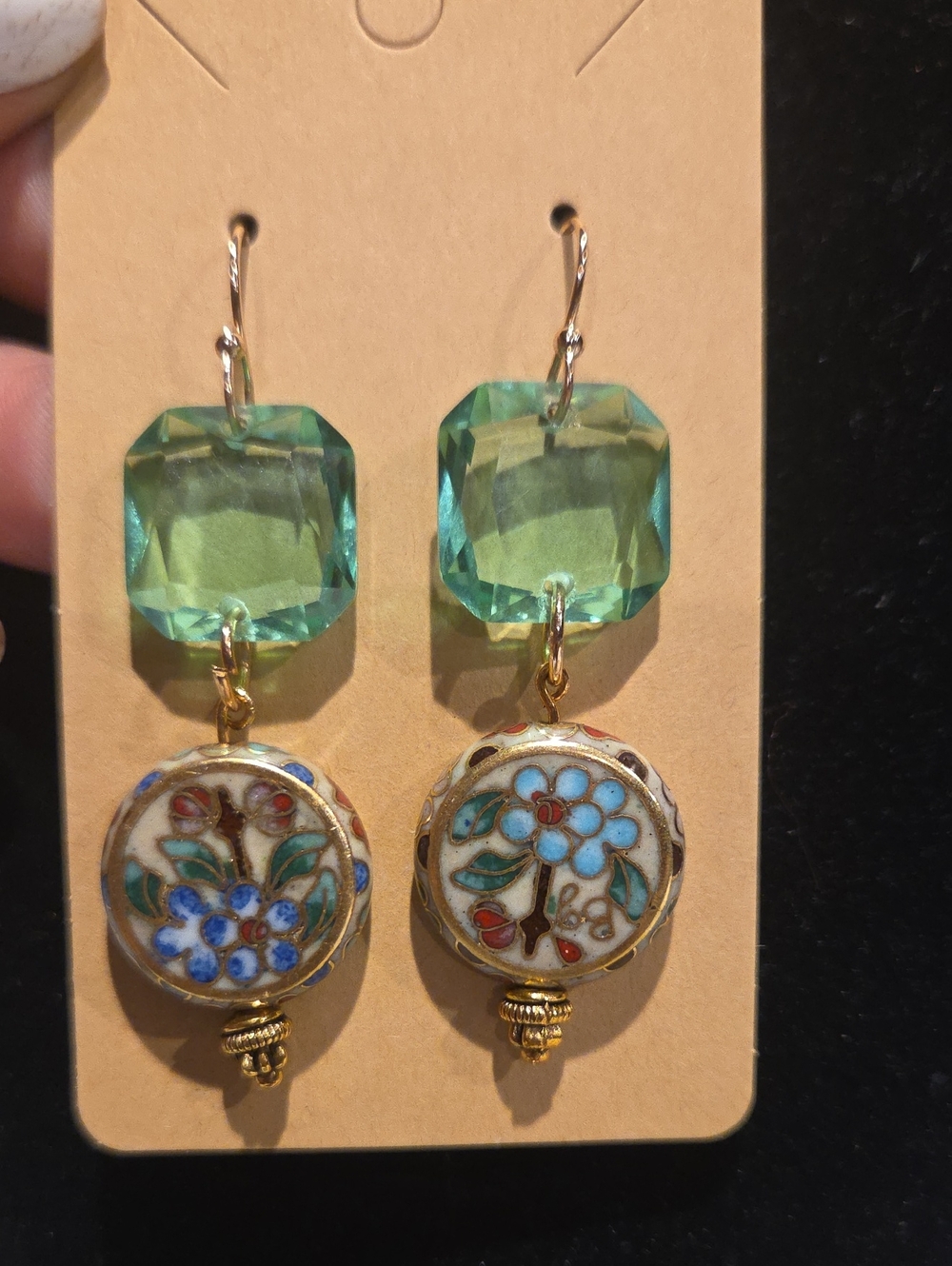 Handcrafted Green Crystal & Floral Cloisonné Dangle Earrings